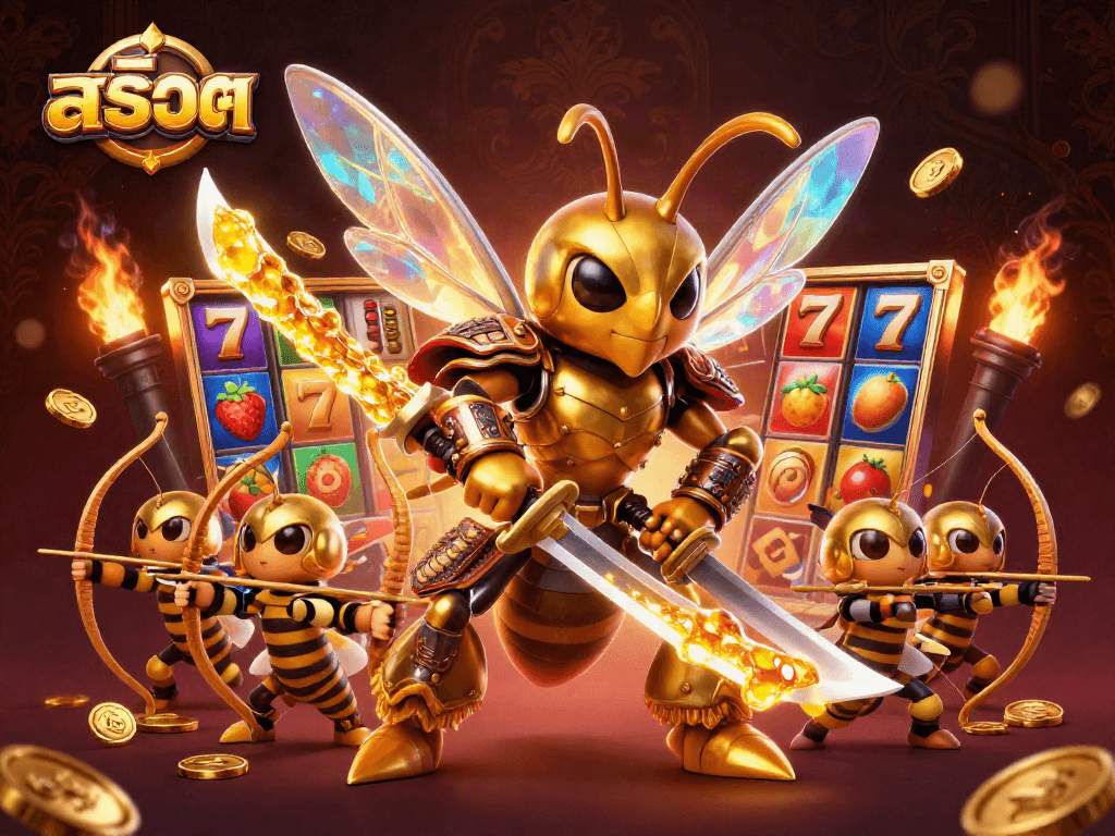 Engage with สล็อต action featuring a golden hornet samurai and vibrant slot elements.