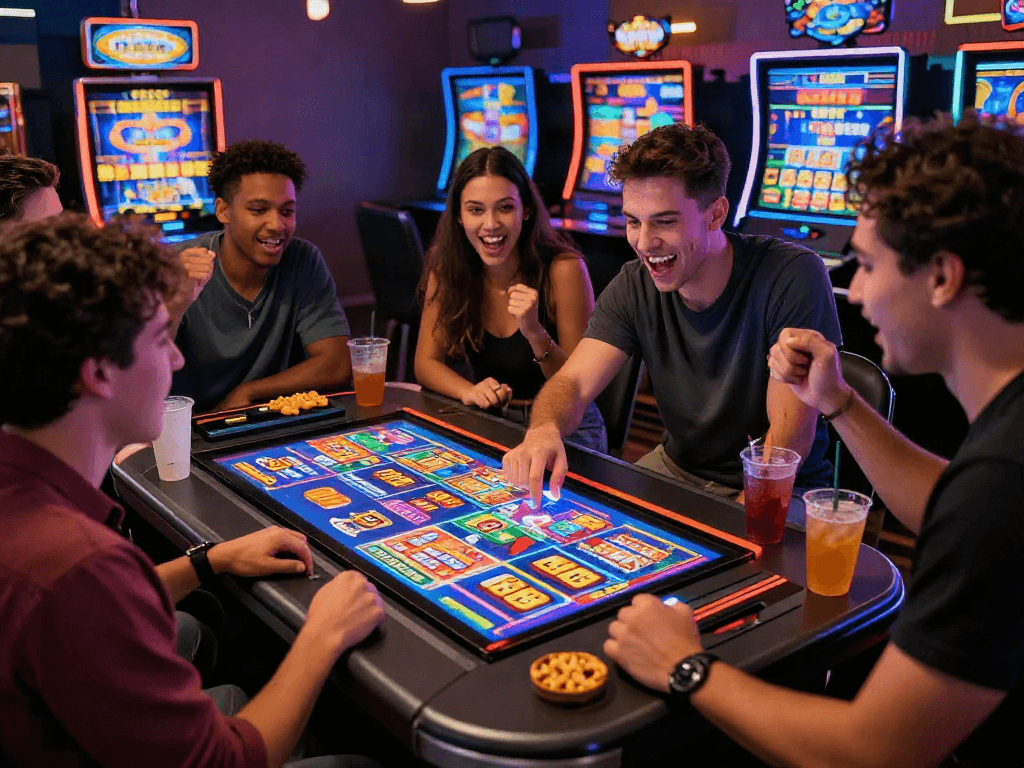 Friends experiencing a slot bonus in an exciting online casino setting, showcasing vibrant games and social interaction.