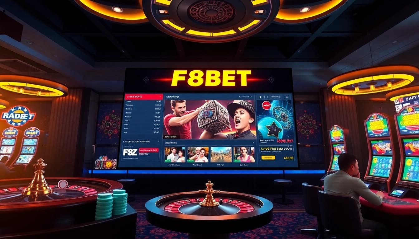 Experience the thrill of online gaming at f8bet with vibrant casino visuals and engaging gambling elements.