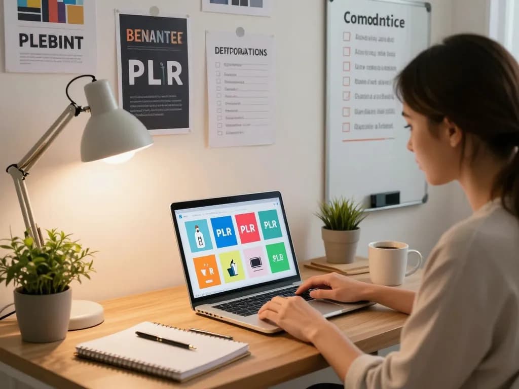 Buy PLR Products Online in a cozy home office setting with marketing strategies and product reviews.