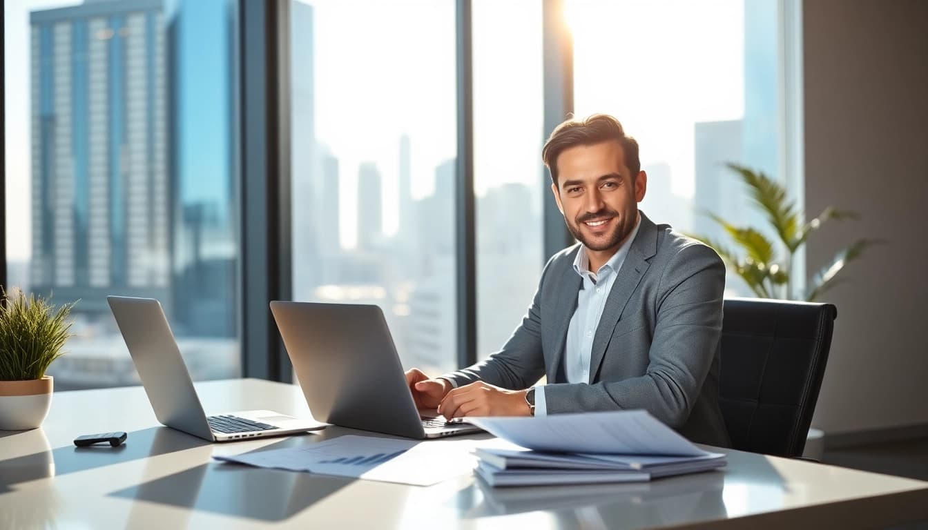 Consultant analyzing strategies on www.cambioml.com in a modern office setting.