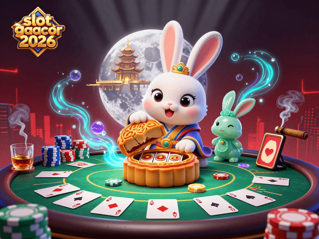 Engage with slot-gacor2026 as the moon rabbit crafts mooncakes revealing jackpot symbols in a vibrant casino scene