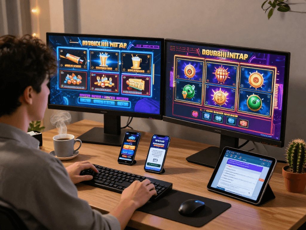 Online gaming enthusiast using rokok88 daftar at stylish desk, focused on vibrant casino games.