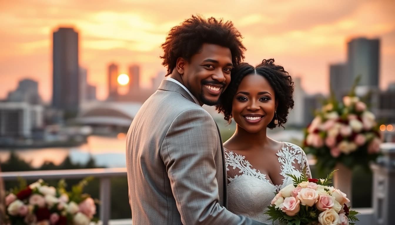 Heartwarming outdoor wedding photography in Tampa by talented wedding photographers tampa, featuring a diverse couple and gorgeous sunset.