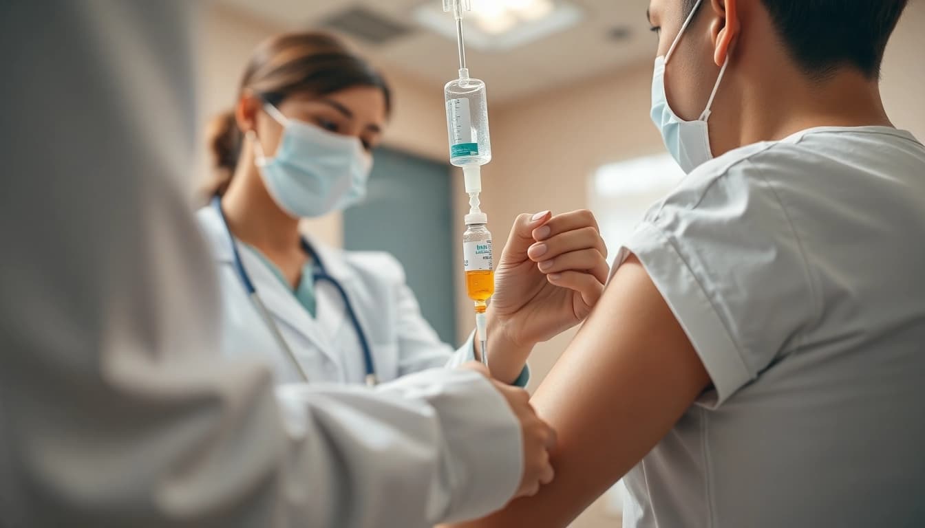 Healthcare professional provides IV Vitamin injections in a clean clinic environment.