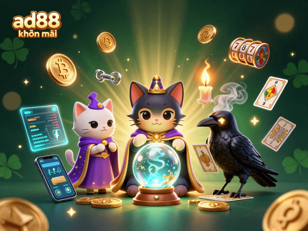 Experience thrilling ad88 khuyến mãi with mystical characters and crypto elements in a vibrant casino scene.