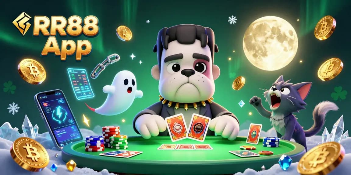 Engage with the exciting RR88 App featuring a lively 3D cartoon scene of characters dealing cards and floating crypto elements.