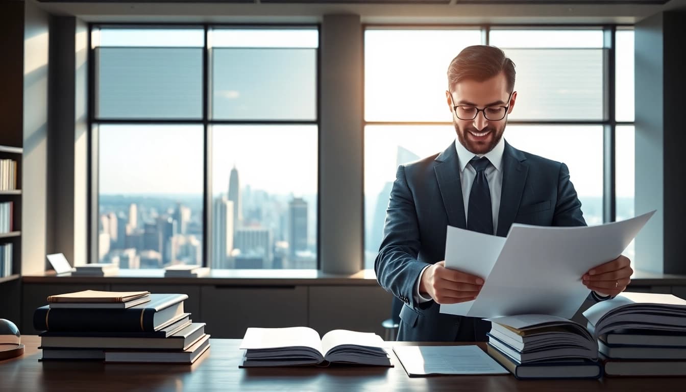 Real estate lawyer consulting clients in a modern office with a panoramic city view.