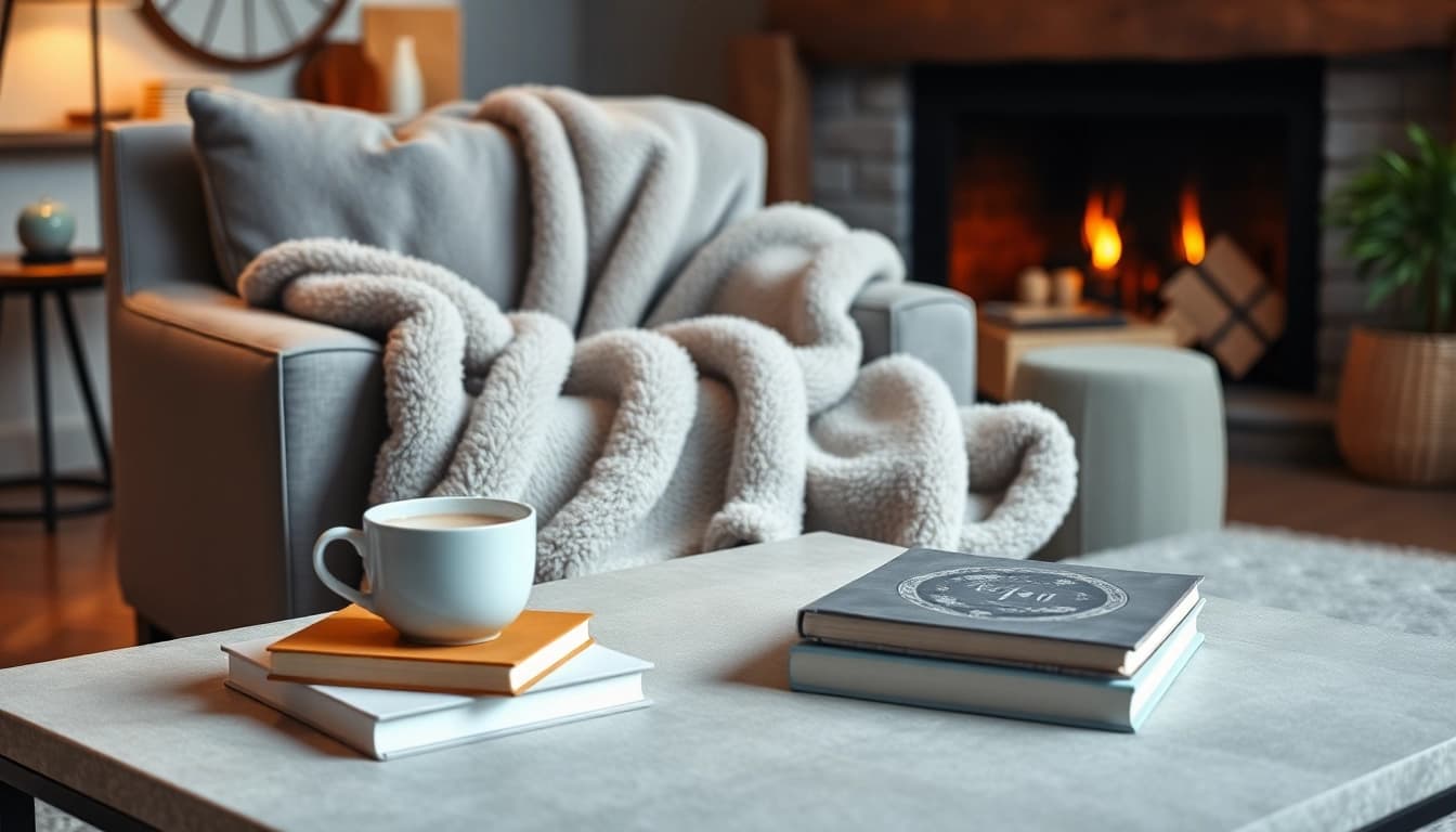 Fleece dekentje draped over een stoel met warme uitstraling en gezellige sfeer.