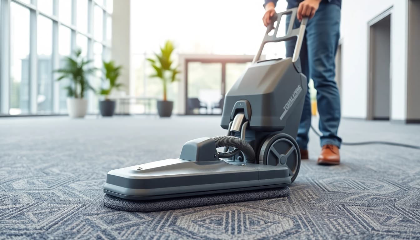 Demonstrating commercial carpet cleaning techniques in a modern office setting.