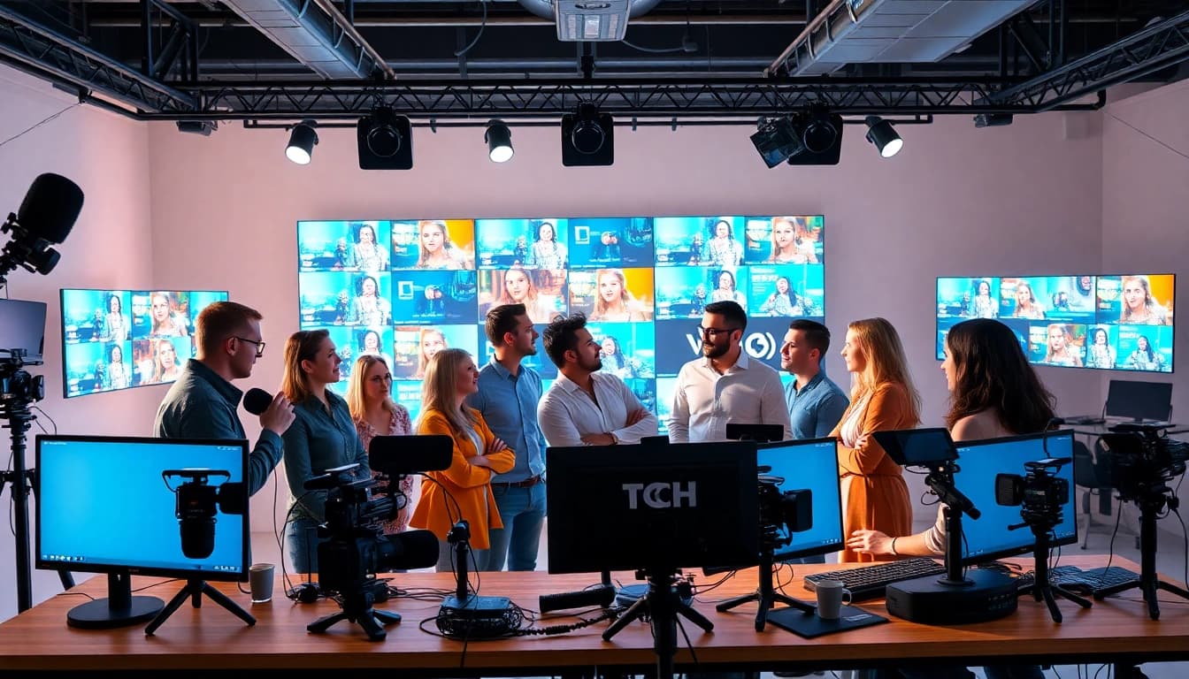 Engaged team of a Creative Video Production Agency collaborating in a bright studio environment.