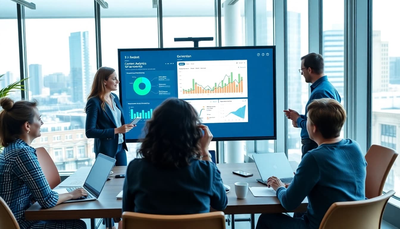Visual representation of a content analytics tool for sales teams highlighting teamwork and digital collaboration.