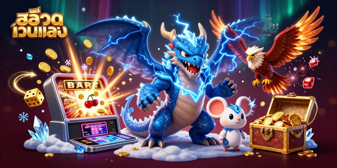 Play exciting สล็อตเว็บตรง games with a vivid 3D illustration of dragons, slot machines, and jackpot treasures.