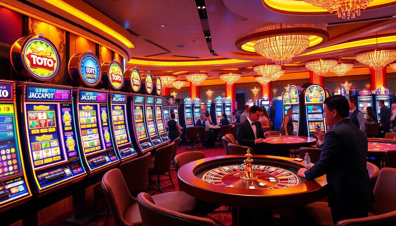 Pemain kasino yang antusias menikmati sensasi mesin Toto Slot dalam suasana yang hidup.