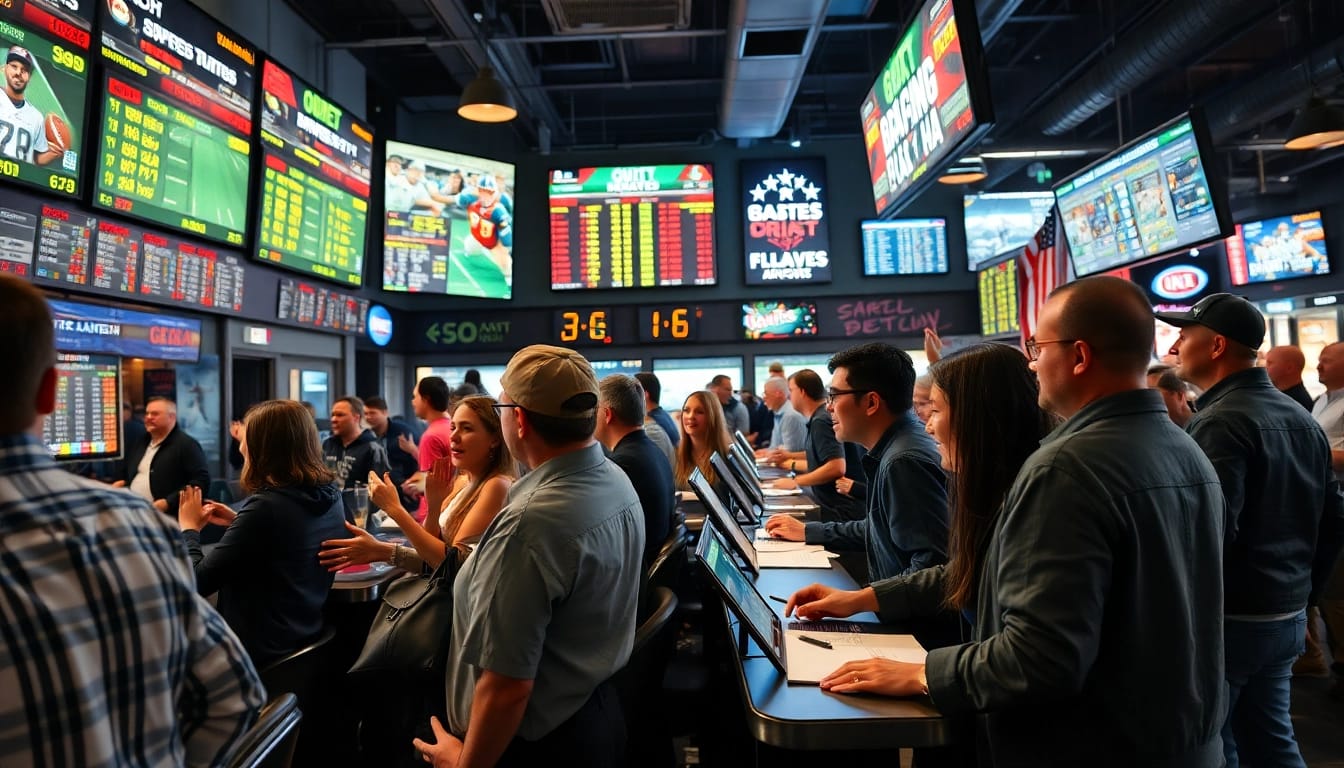 Engaging scene of Georgia sports betting with fans cheering and placing bets.