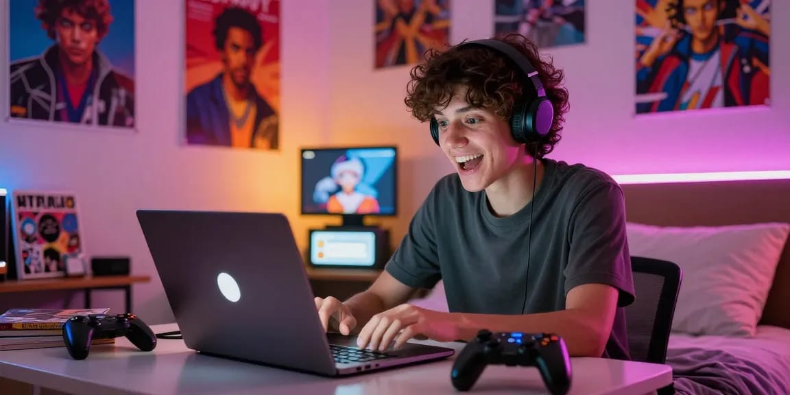 Engaging character AI NSFW chat on laptop in cozy room filled with gaming elements.