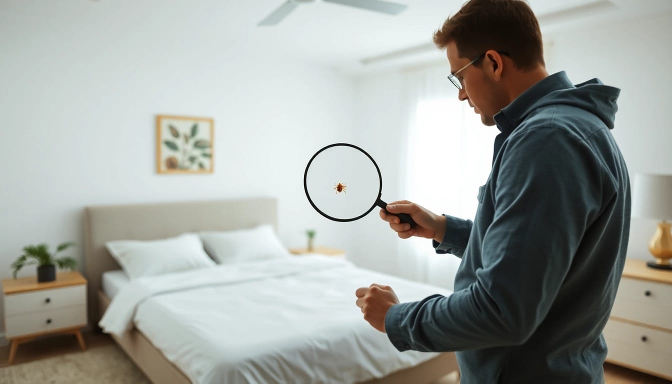 Bed bug exterminator waukesha inspecting for bed bugs with a magnifying glass in a bright room.