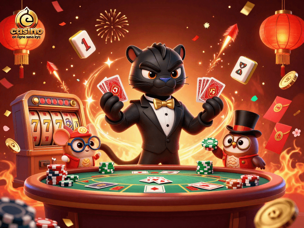 Jouer au casino en ligne sans kyc à travers un panthère dans un casino vibrant et animé.