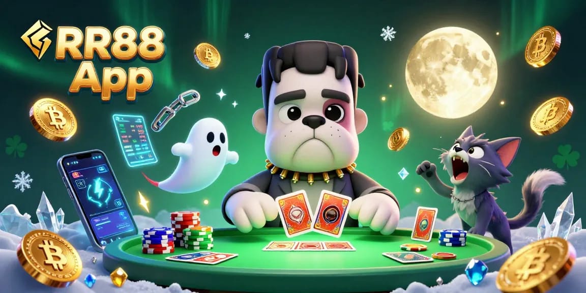 Engage with the exciting RR88 App featuring a lively 3D cartoon scene of characters dealing cards and floating crypto elements.