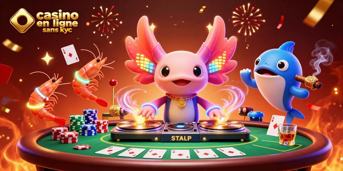 Jouez au casino en ligne sans KYC avec un DJ axolotl et des crevettes dansantes.