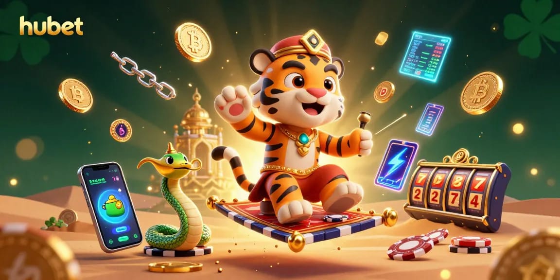 Engage in thrilling slot games with hubet featuring a magical scene of a sultan and crypto coins.