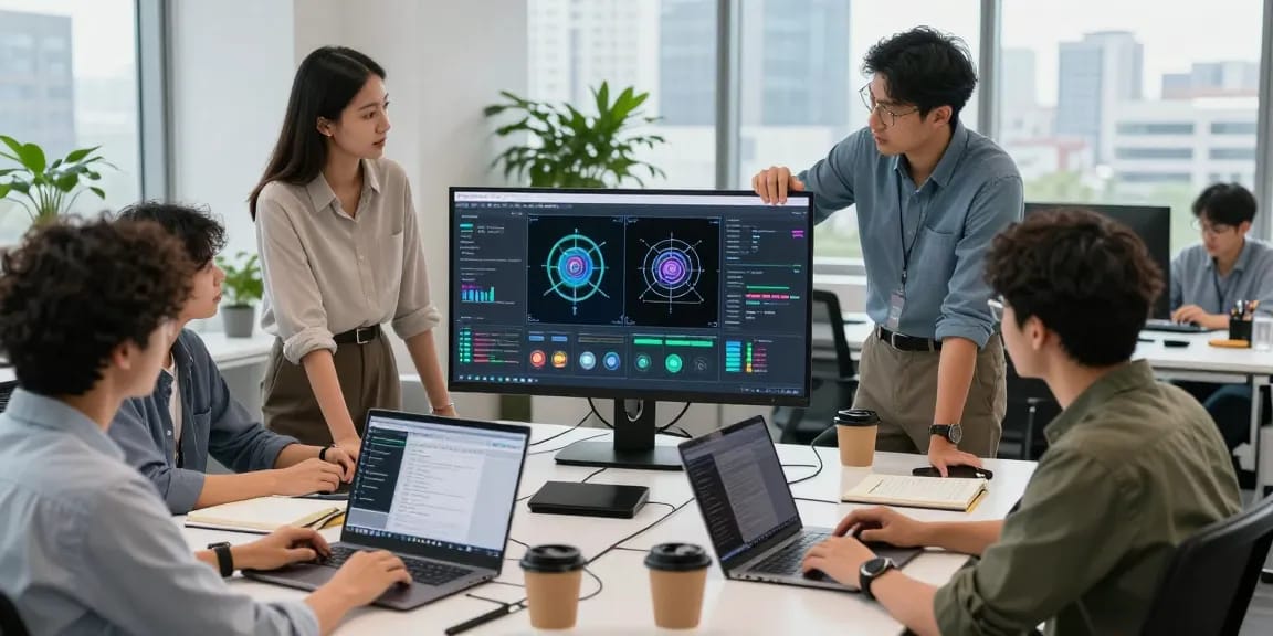 AI image detector session in a modern tech workspace with diverse team collaborating on image analysis and content moderation.
