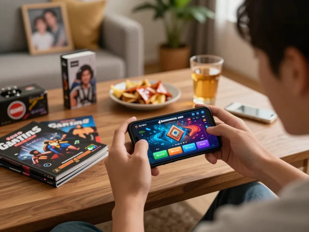 Engaging mobile gaming session on the gtatoto app in a cozy home setting.