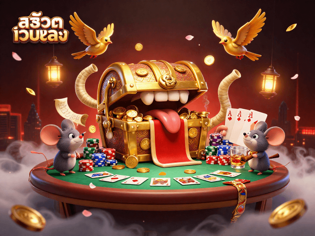 Engaging scene of สล็อตเว็บตรง treasure chest enticing adventurer mice amidst poker chips.
