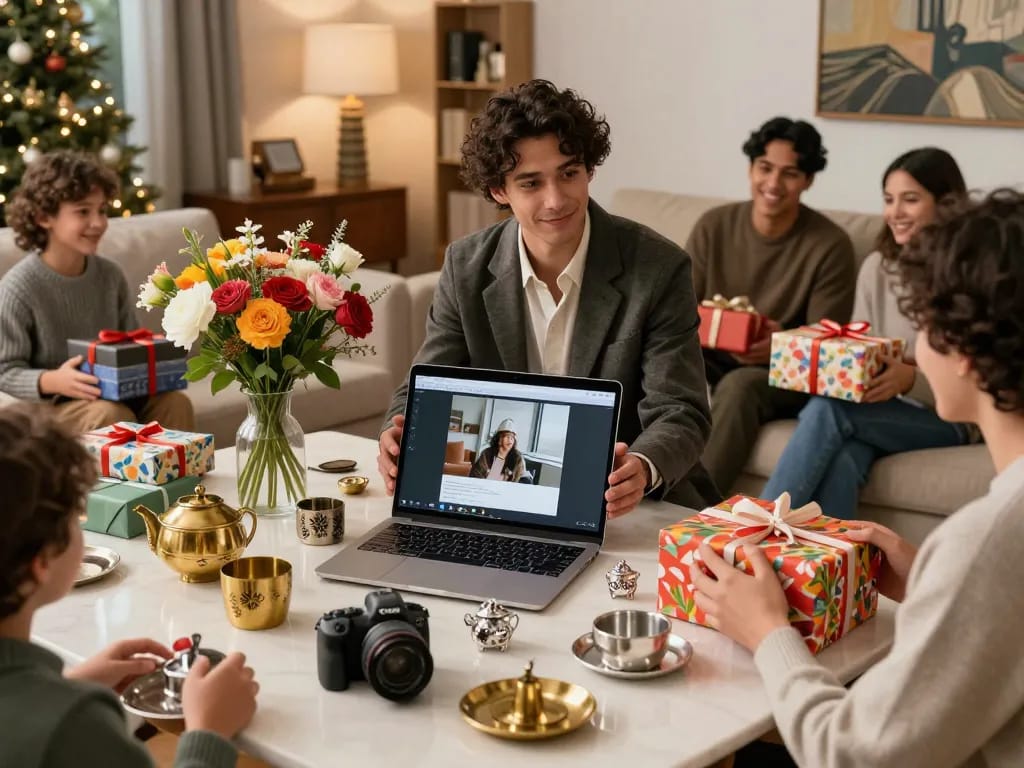 Stylish individual surrounded by return gifts online in a festive living room, capturing the joy of gifting.
