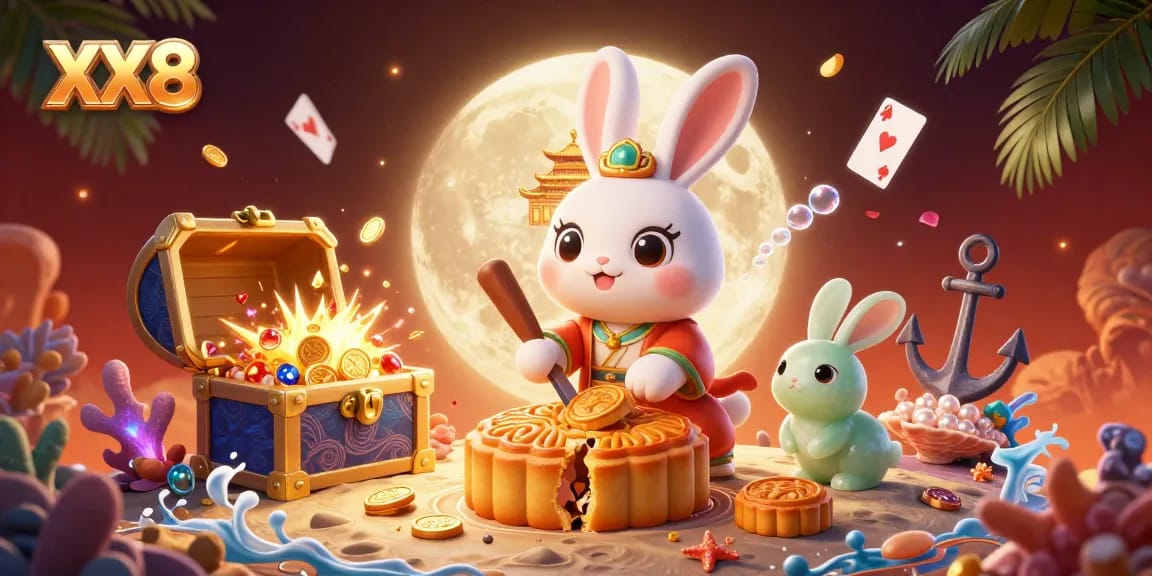 Play poker like a pro at XX8 with a vibrant casino-themed lunar landscape showing a rabbit and treasures.