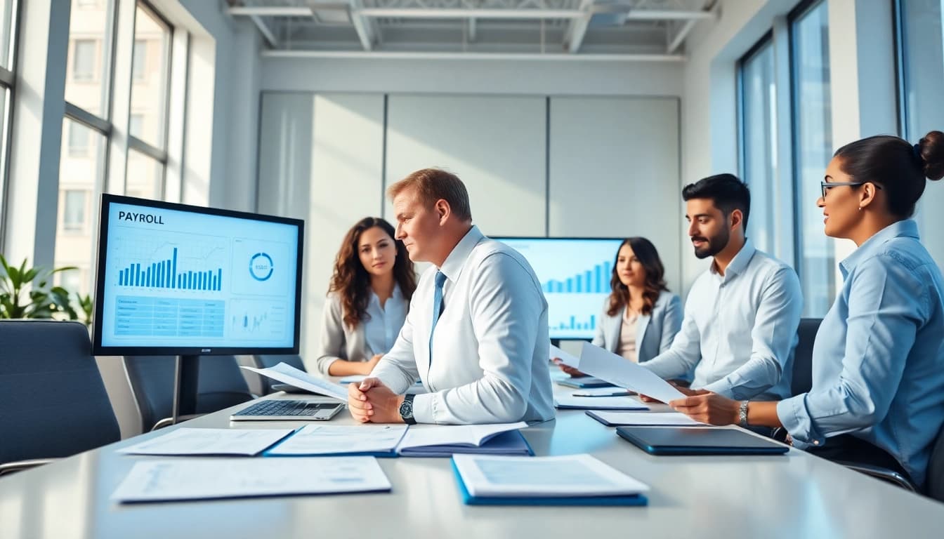 Illustration of payroll management professionals analyzing data together in a bright office environment.