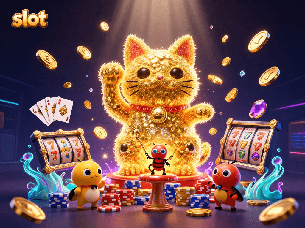 Menyaksikan slot mesin dengan simbol keberuntungan yang dimainkan oleh karakter unik di kasino digital.