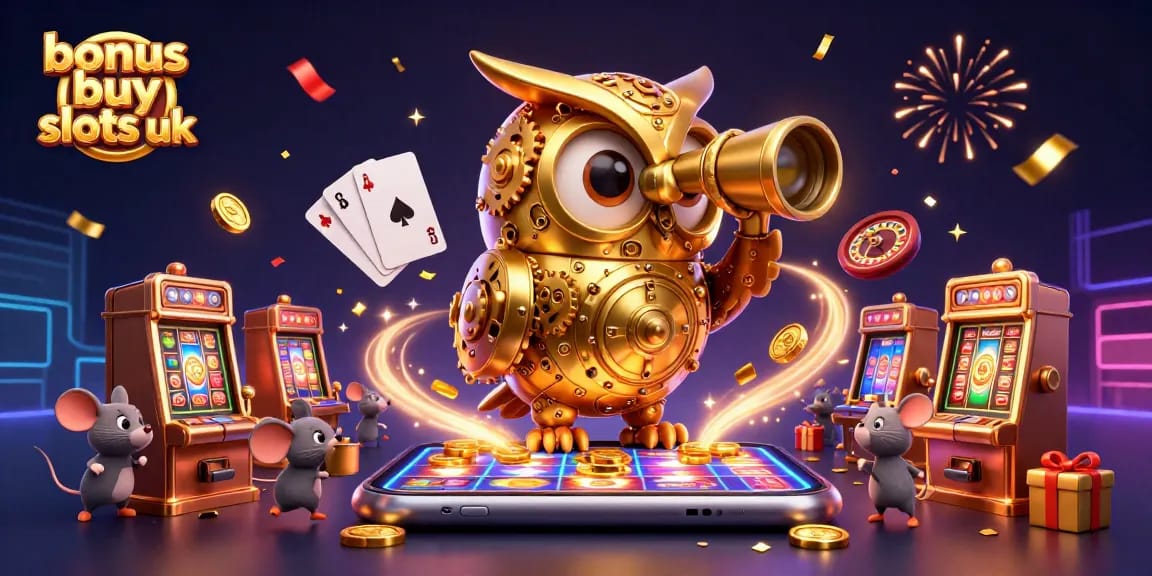 Discover the excitement of bonus buy slots uk with captivating golden owl and whimsical mice in action.