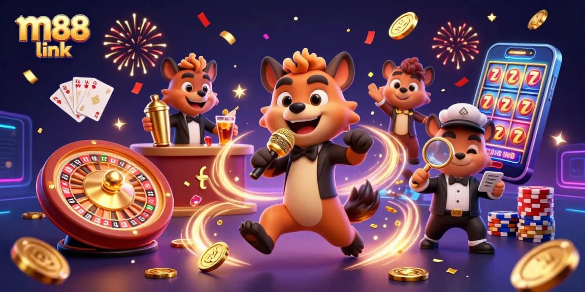 Experience m88 link with lively hyena characters in a vibrant casino environment, offering thrilling gambling moments.
