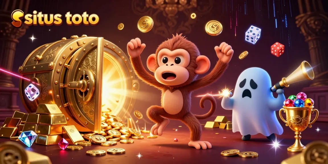 Engage in situs toto excitement with a playful poltergeist and curious puppy in a lavish casino scene.