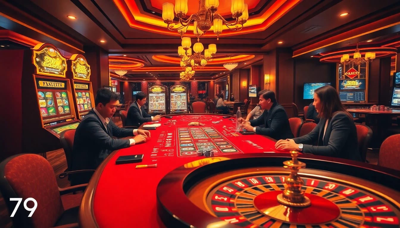 A dynamic casino scene depicting players enjoying poker and slot machines, emblematic of 79king 4.