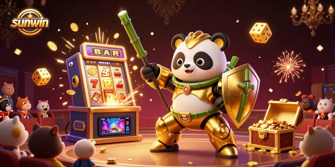 Experience thrilling gameplay at sunwin with a vibrant 3D illustration of a panda pilot and energetic casino elements.