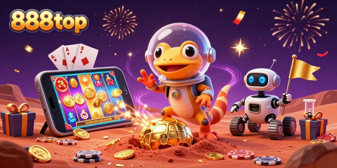 Experience thrilling gaming adventures at 888top with a lively Martian scene revealing a hidden casino.