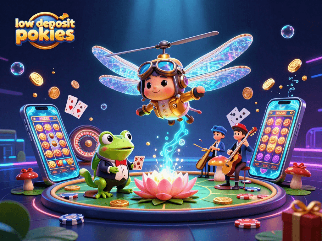Engage with low deposit pokies as a dragonfly pilot watches a frog croupier dealing cards.