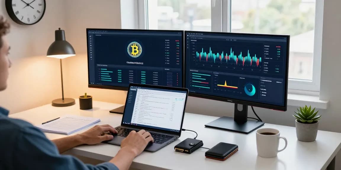 Automated bitcoin mining workspace showing cryptocurrency dashboard and hardware wallet in modern home office.