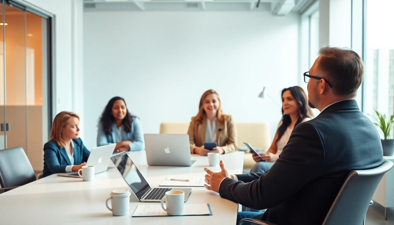 Recruiter interviewing candidates in a bright office showcasing a collaborative atmosphere.