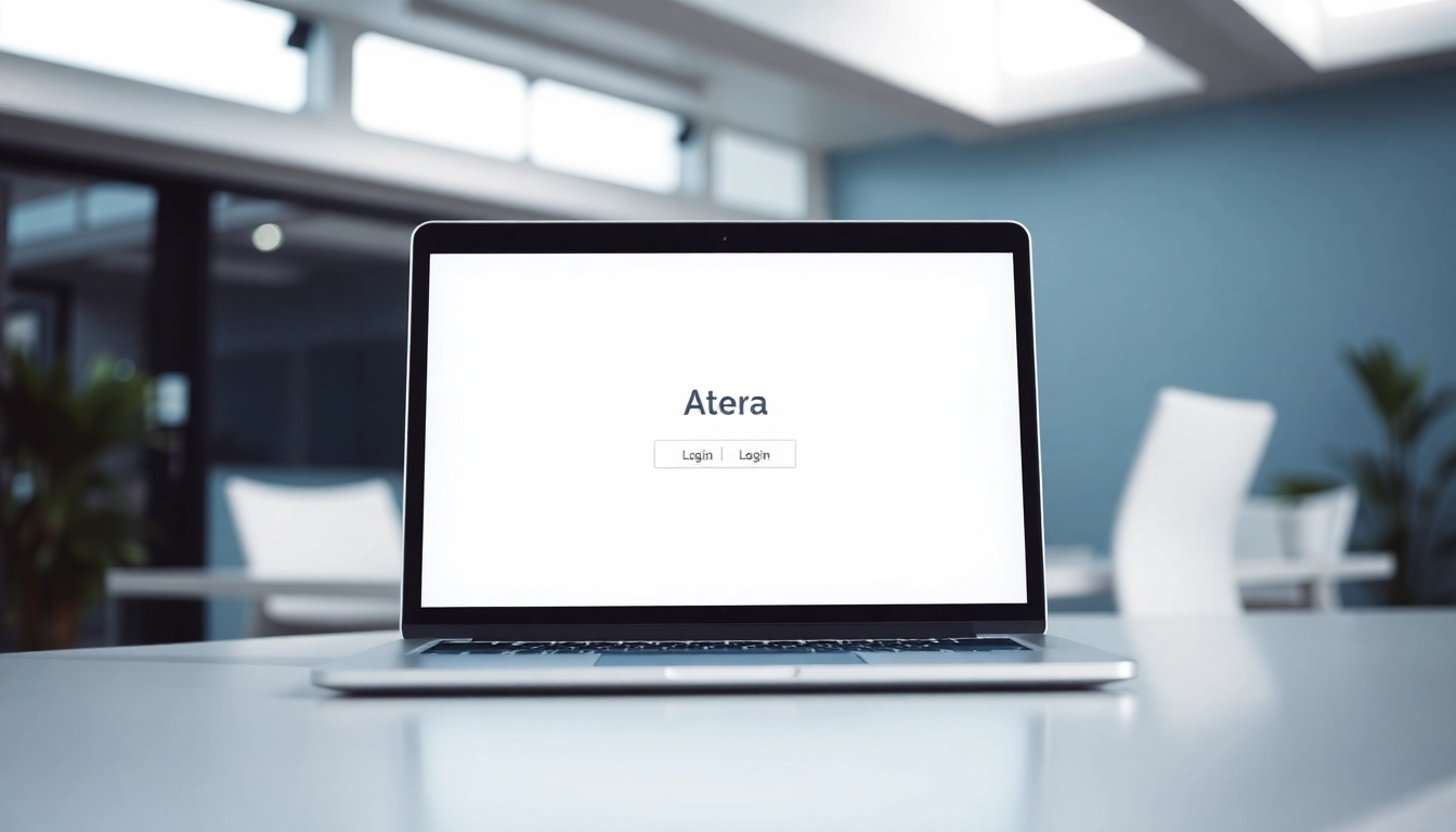 Atera login screen displayed on a laptop in a bright office setting, emphasizing secure access.