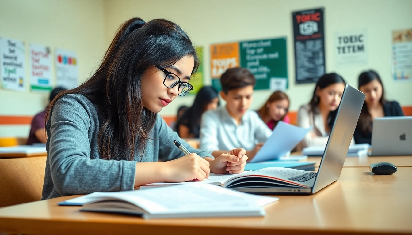Engaged TOEIC test takers for hire working diligently in a bright study environment.