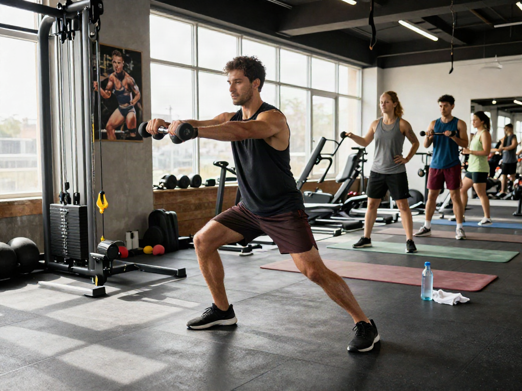 Ipamorelin research sup featured in a fitness gym scene enhancing health and wellness with active individuals.