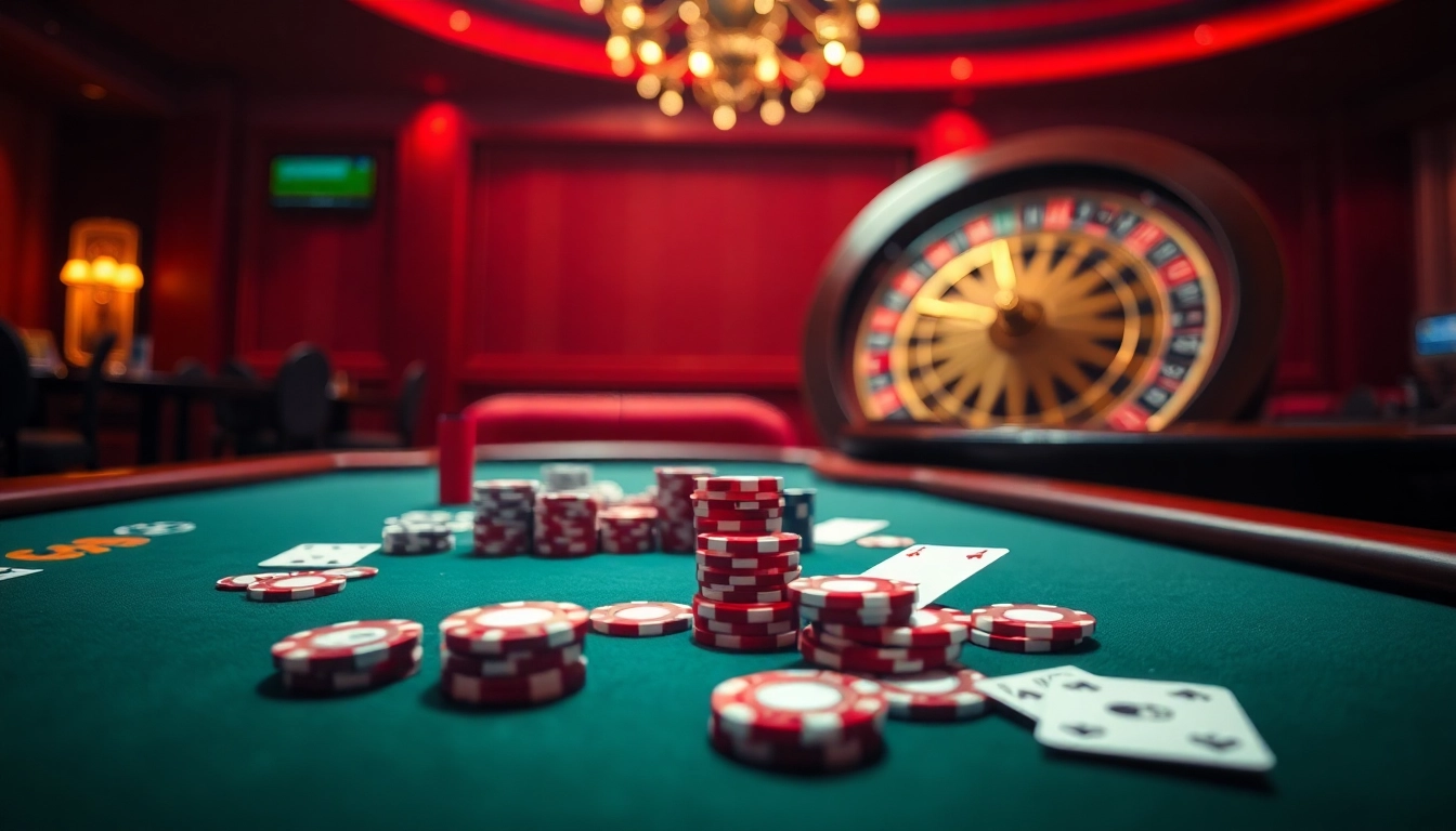 Players enjoy the excitement of nk88 with casino chips and cards on a stylish poker table.