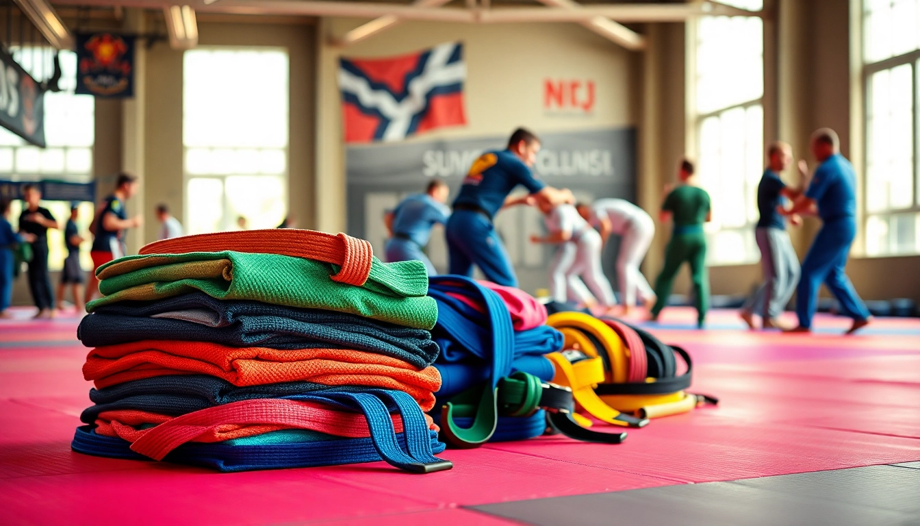 Explore BJJ Gear displayed on a colorful gym mat, showcasing gis, belts, and protective equipment.