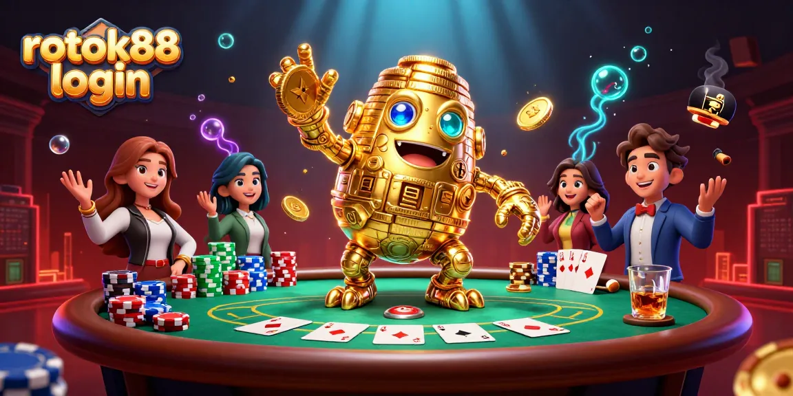 Engage with rokok88 login, a vibrant scene filled with poker elements and a golden golem.