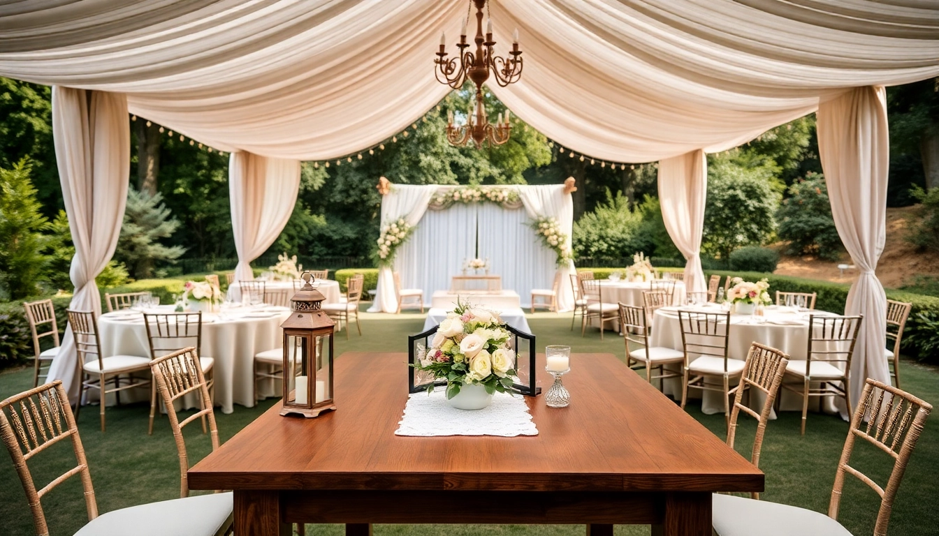 Beautiful setup of Wedding Tent Chair & Table Rentals with floral decor and natural lighting.
