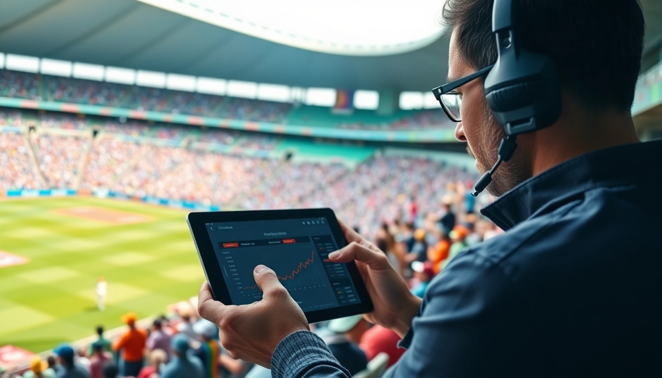 Analyze ipl cricket betting tips free with an expert at a vibrant stadium, showcasing betting insights.