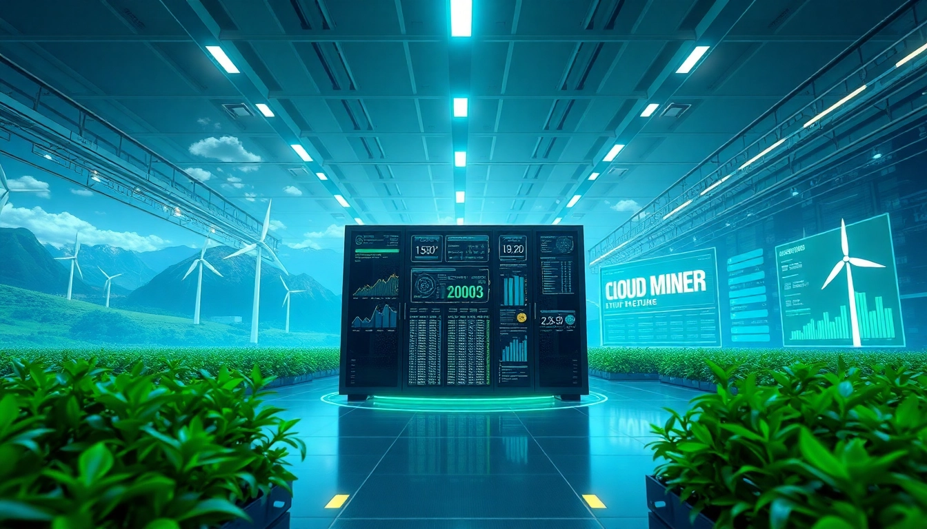 Cloud mining technology showcased in a modern facility using renewable energy sources like solar and wind.